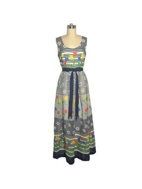 Vintage 60s Miss Elliette Tulip Novelty Print Maxi Dress XS Empire Waist
